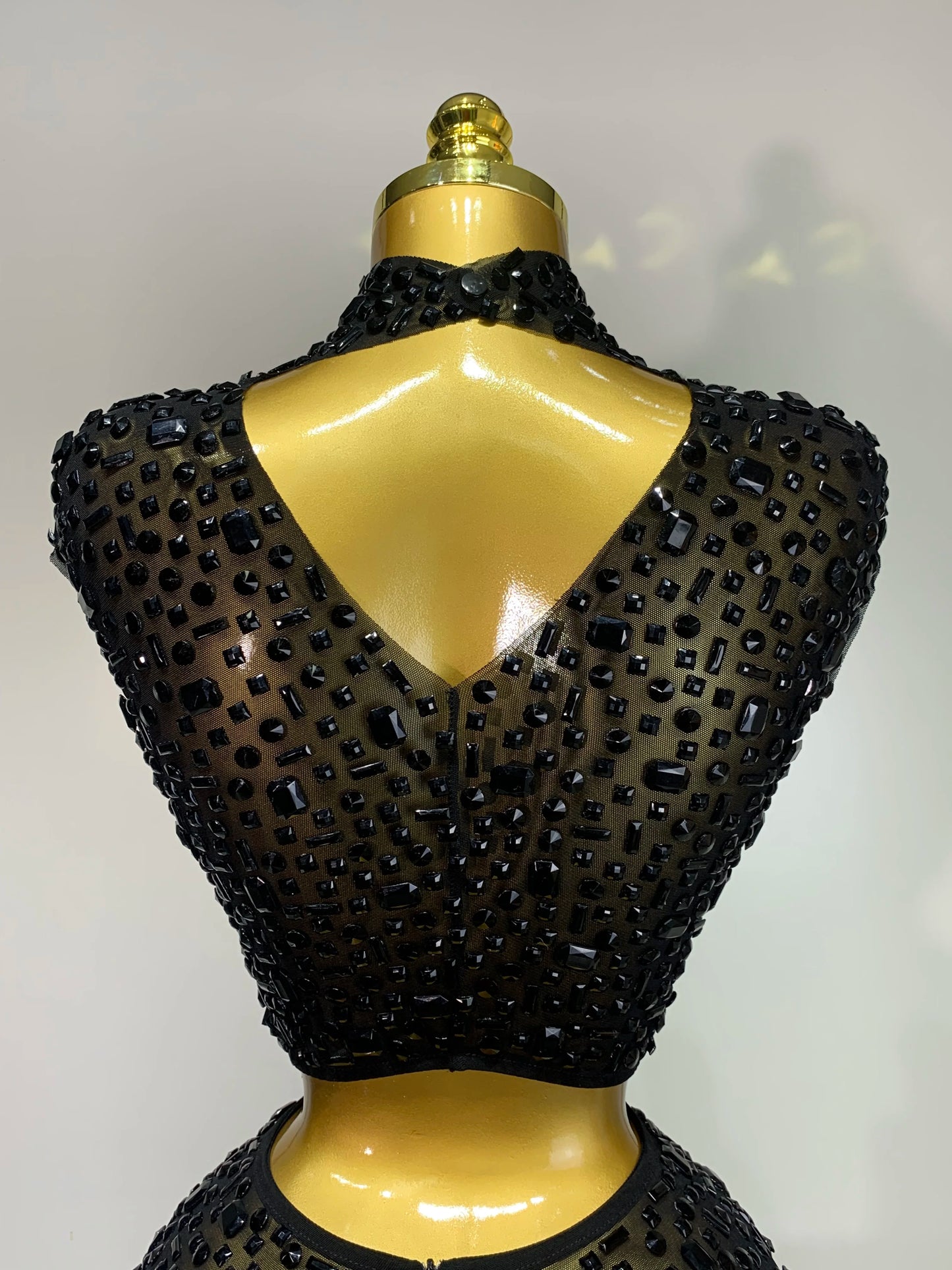 Luxury Rhinestone Mesh See Through Celebrate Birthday Dress Sparkly Top Short Skirt Two Pieces Sets Performance Stage Costume
