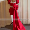 Mini Cocktail Dress with Detachable Bow Puff Sleeves Pearls Sweetheart Sheath Red Luxury Party Gowns for Women