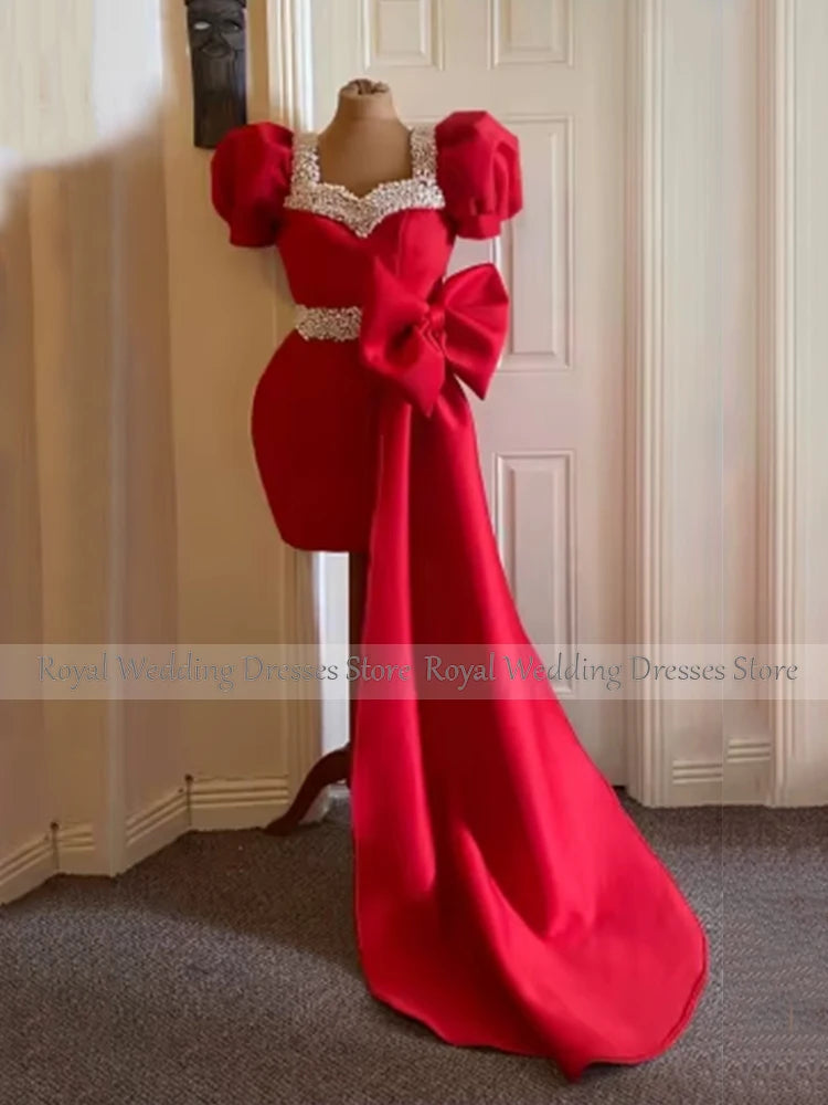 Mini Cocktail Dress with Detachable Bow Puff Sleeves Pearls Sweetheart Sheath Red Luxury Party Gowns for Women