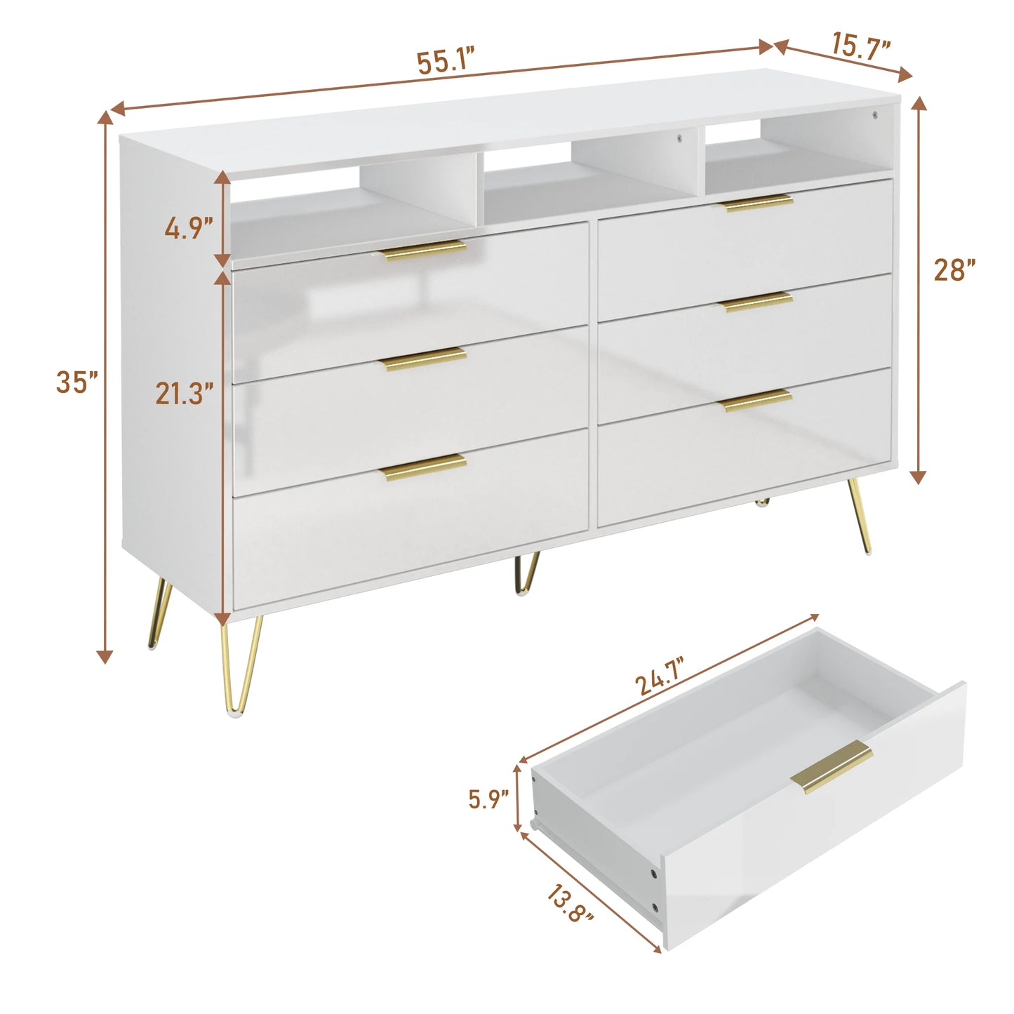 Kommode mit 6 Schubladen für Schlafzimmer mit LED-Beleuchtung, Hochglanz-Kommode mit Metallfüßen, moderner Holzschrank-Aufbewahrungsorganisator