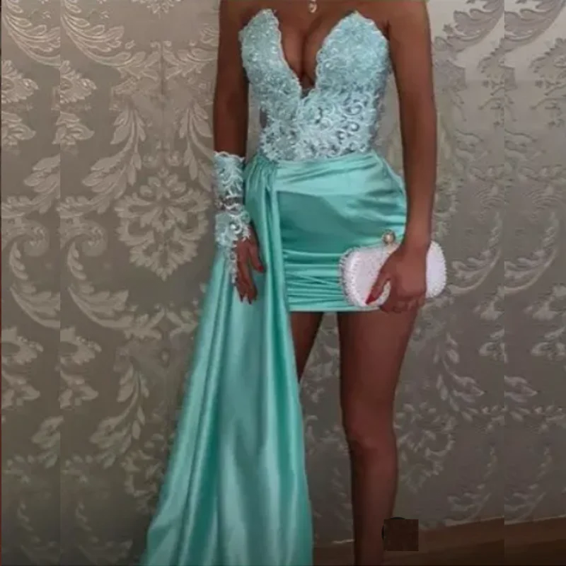 Aqua Blue Prom Dress Applique Off Shoulder Mini Party Gowns Sweetheart Above Knee Length Short Tierred Satin Overlay Dresses