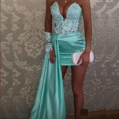 Aqua Blue Prom Dress Applique Off Shoulder Mini Party Gowns Sweetheart Above Knee Length Short Tierred Satin Overlay Dresses