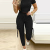 Tight Solid Color Two Piece Set Women Cropped T Shirt Slim Long Pants Pocket Ladies Sets 2025 Spring Summer Sportswear