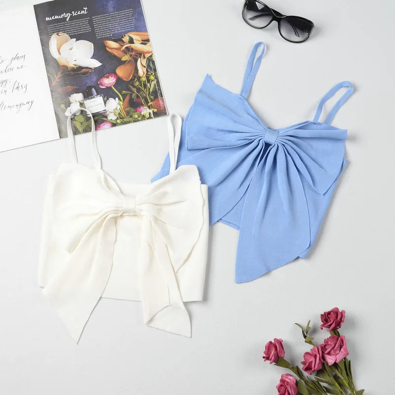 Summer Bow Crop Top Women Y2k Streetwear Clothes Korean Fashion Vest Blue White Pink Sleeveless Cute Tank Tops for Woman 2023