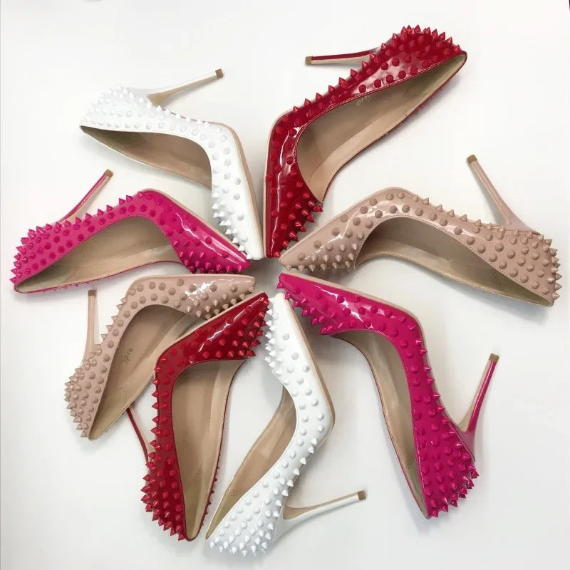 Pink studded high heels, fashionable, ultra shallow mouth, pointed toe, thin heel, hate sky, high punk style, 12CM
