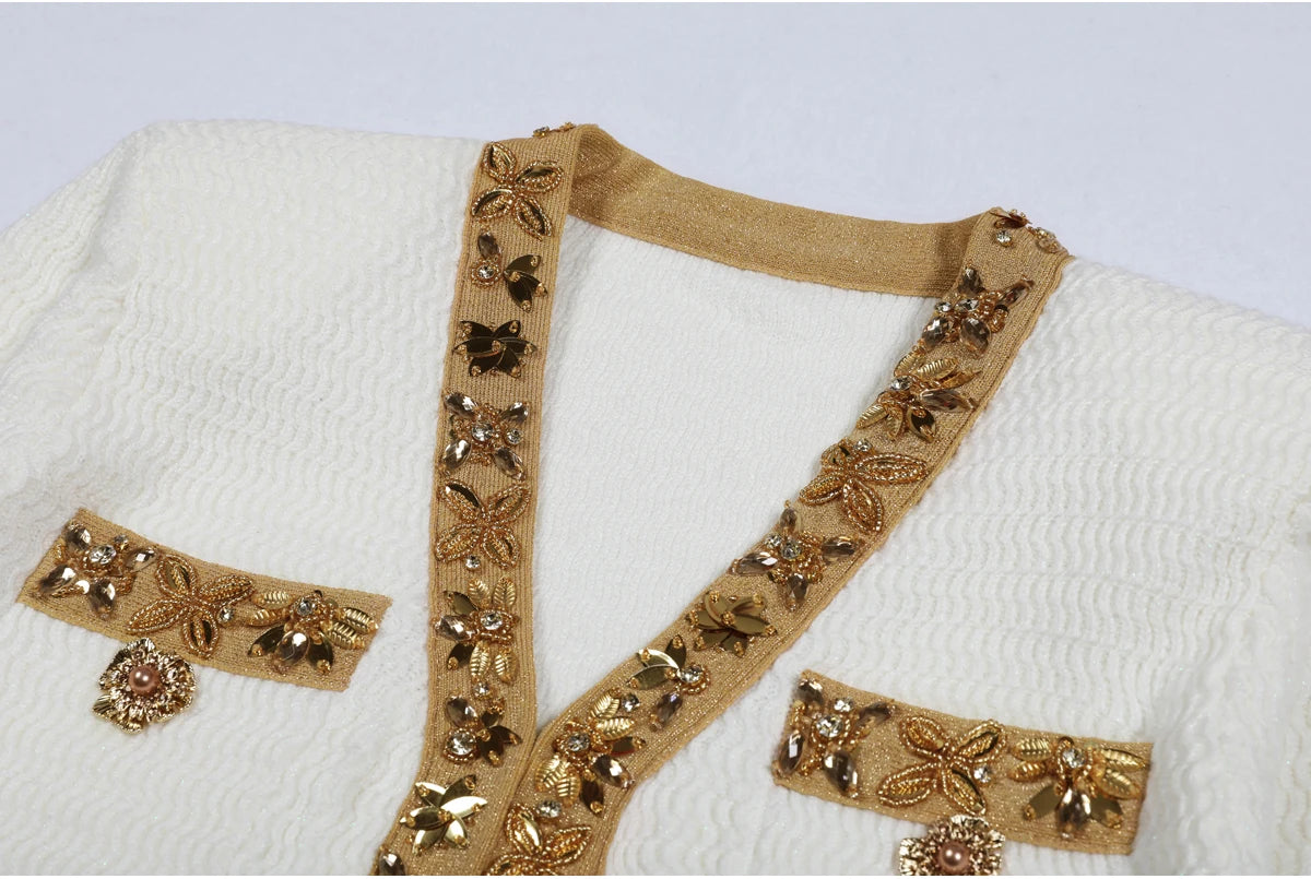 High Quality New Fashionable Elastic Knitted V-neck Luxurious Exquisite Nail Bead Piece Cardigan Slim Fit Short Skirt Women Set