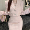 Elegant Fashion Pink Tweed Suit Women's Autumn 2023 Y2k High Quality Blazer Coat+Bag Hip Skirt Commuting Two-Piece Set