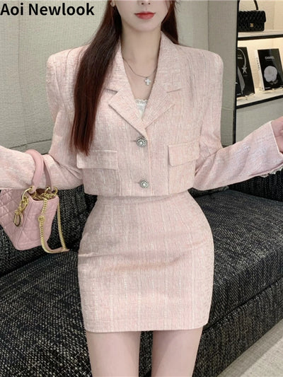 Elegant Fashion Pink Tweed Suit Women's Autumn 2023 Y2k High Quality Blazer Coat+Bag Hip Skirt Commuting Two-Piece Set