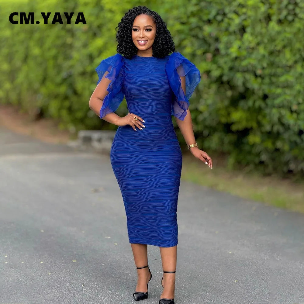 CM.YAYA Women Ruffles Short Sleeve O-neck Striped Knee Length Dress Street Vestidos Sexy Night Club Party Evening Chic Dresses