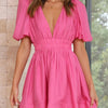 Women Summer Casual A-line Dress Solid Color Deep V-Neck Short Puff Sleeve Mini Dress Fashion Party Short Dress