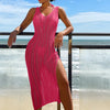 2024 Summer Ladies Vacation Hollow Out Robe Women Chic Solid Knitted Maxi Dress Fashion Sleeveless Sexy Beach Cover Up Dresses