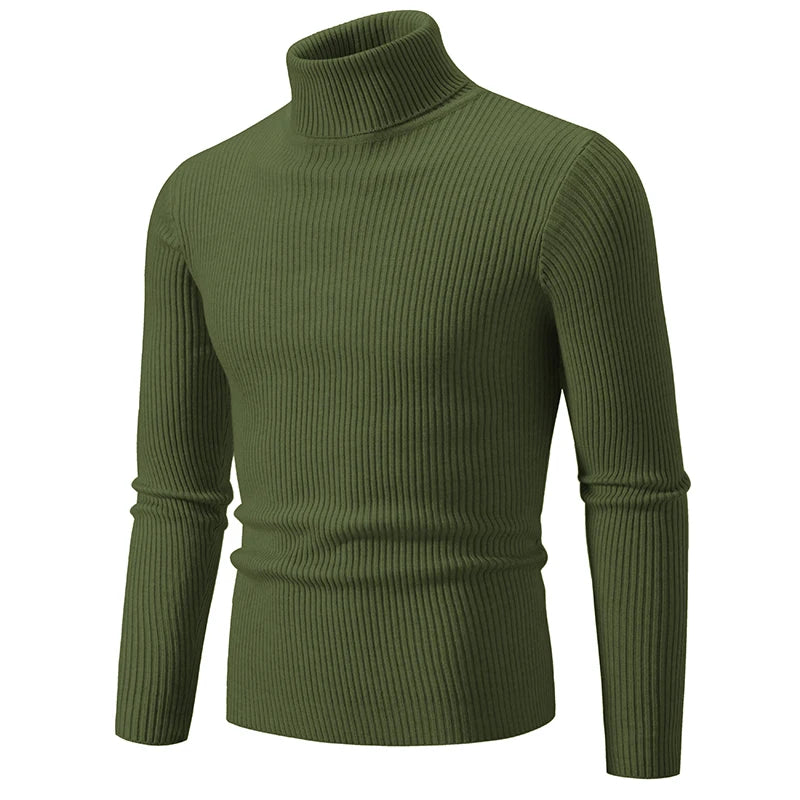 Autumn Men's Turtleneck Sweater Winter Knitted Striped Warm Outdoor Tops