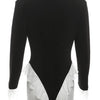 Joskaa Damen Spitze Patchwork Schwarzer Blazer Bodysuit Sexy Tiefer V-Ausschnitt Langarm Einteiler Romper Coquette Midnight Clubwear