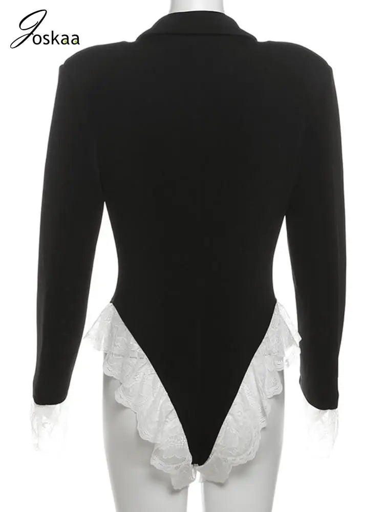 Joskaa Damen Spitze Patchwork Schwarzer Blazer Bodysuit Sexy Tiefer V-Ausschnitt Langarm Einteiler Romper Coquette Midnight Clubwear