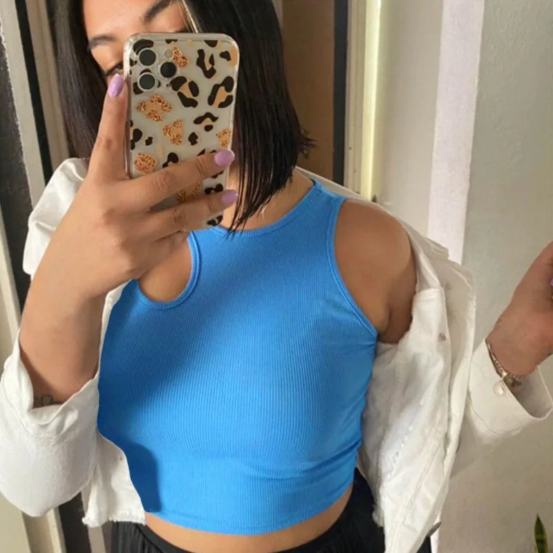 Sexy Rib-knit Tank Top for Women Summer Solid O-neck Sleeveless Crop Tops Street Vintage Korean Fashion Shirt Vest Y2K Clothes