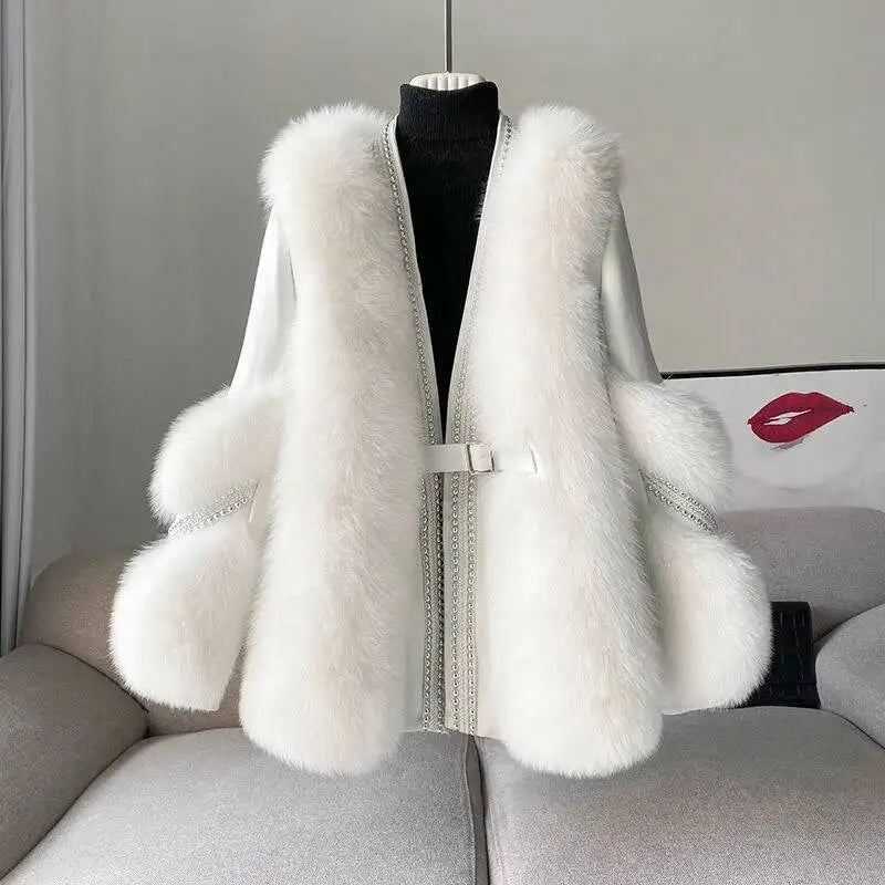 DEAT Fashion Temperament Thickened Fur Coat Cardigan Women Top-Quality Leather Patchwork Long Sleeve Jacket 2024 Winter 11SX023