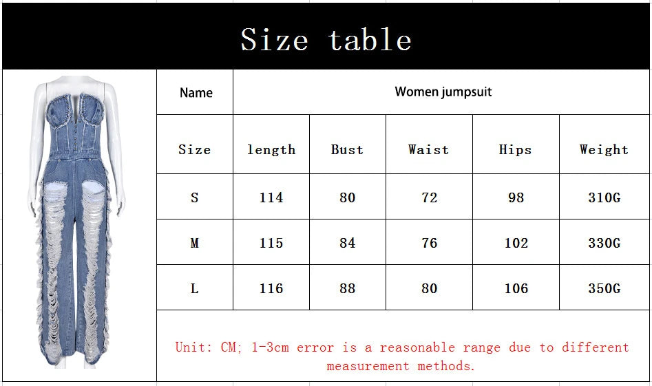 Sibybo Quaste Hollow Out Overalls für Damen Nieten Strass Trägerlos Rückenfrei Jeans Street Fashion Trend Jumpsuit Femme