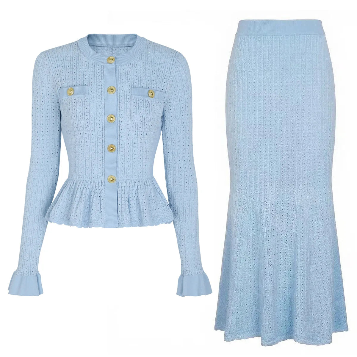 ZJYT Women's Knitted Dress Set 2 Piece Spring New Flare Sleeve Sweater and Long Skirt Suit Elegant Female Party Outfit Blue 2026