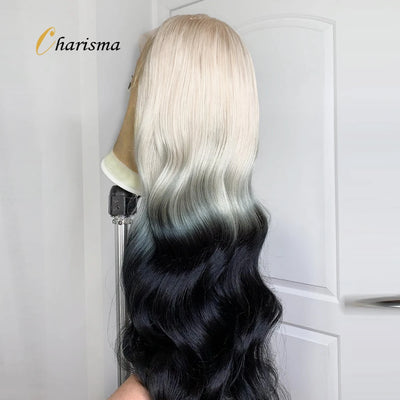 Charism Synthetische Lace-Front Perücke 60 Platinblond bis Schwarz Ombre Perücke vorgezupfte natürliche Haarlinie Lace-Frontal Perücken für Frauen