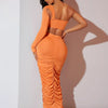 Women's 2 Piece Outfits One Shoulder Cutout Crop Top Ruched Maxi Skirt Set Orange Bodycon Party Clubwear