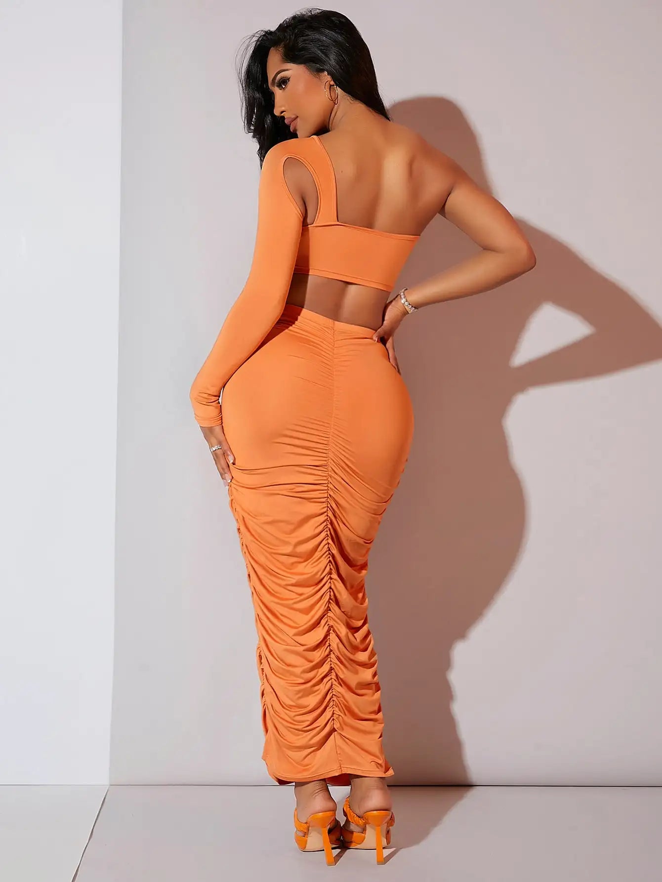 Women's 2 Piece Outfits One Shoulder Cutout Crop Top Ruched Maxi Skirt Set Orange Bodycon Party Clubwear