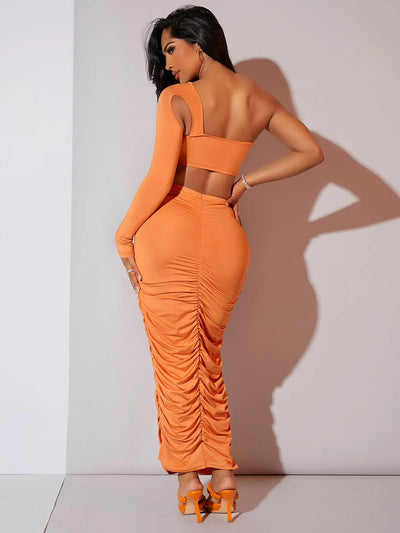Women's 2 Piece Outfits One Shoulder Cutout Crop Top Ruched Maxi Skirt Set Orange Bodycon Party Clubwear