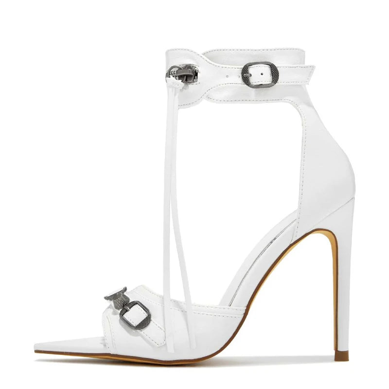 Liyke Summer Fashion Zip Tassel Women Sandals Metal Rivet Buckle Pointed Open Toe Stripper Heels Wedding Banquet Shoes Stiletto