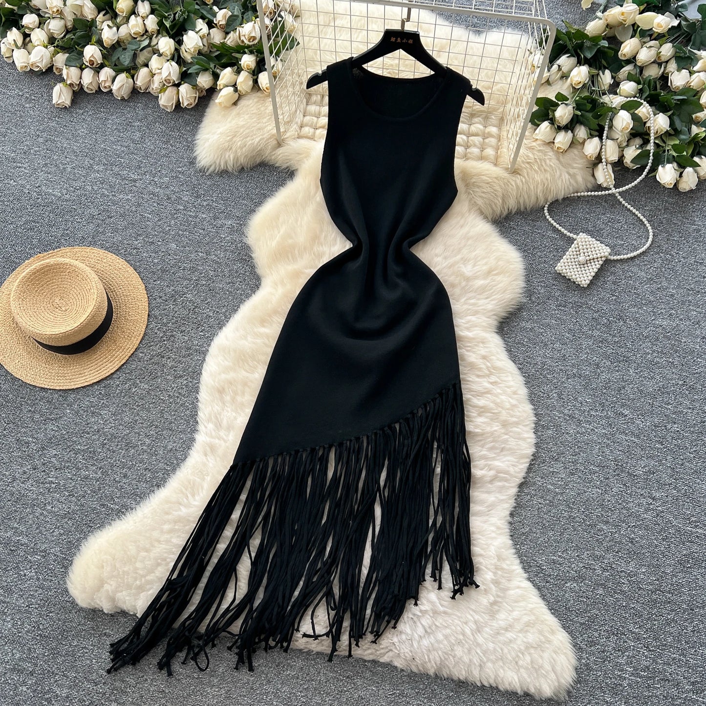 Sexy Backless Knit tassel High Waist Pleated Dress Casual A-line Dress Beach Vestidos Women Evening Party