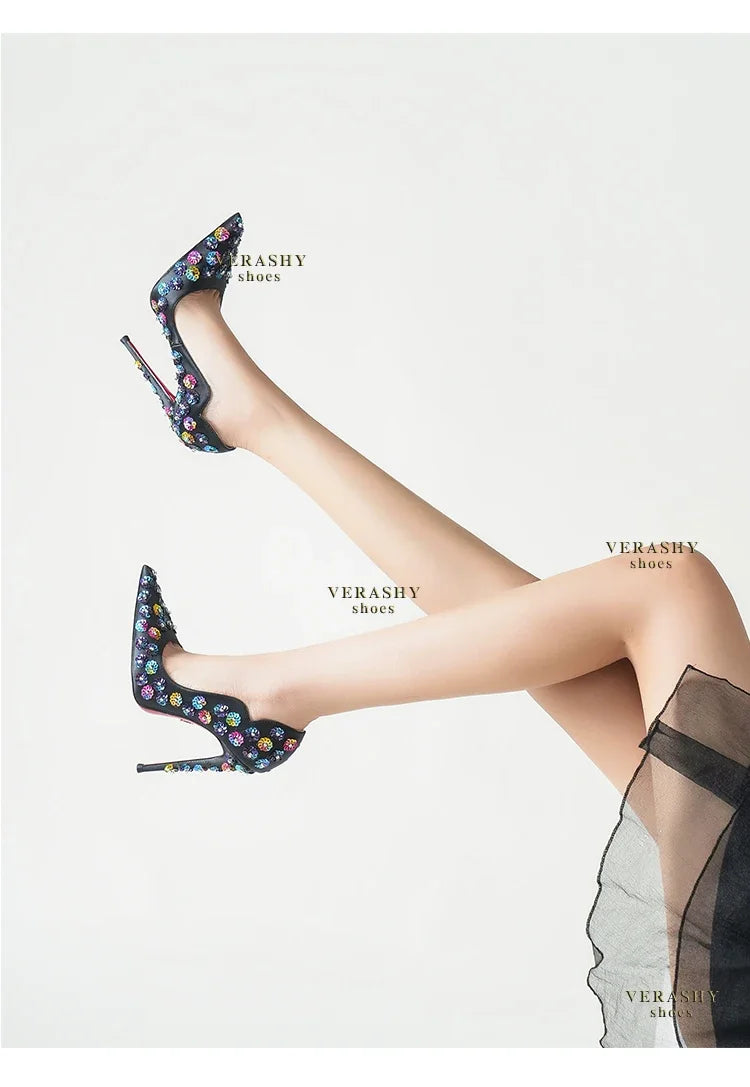 2025 Spring New High Heels Women's Embroidered Beaded Black Sexy Queen's Heel 10-12cm Pointed