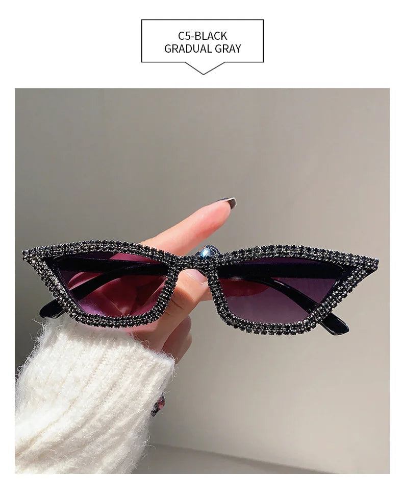 Fashion CAT EYE Rhinestone Bling Sunglasses Women Vintage Brand Luxury Small Frame Ladies Gradient Sun Glasses Oculos UV400