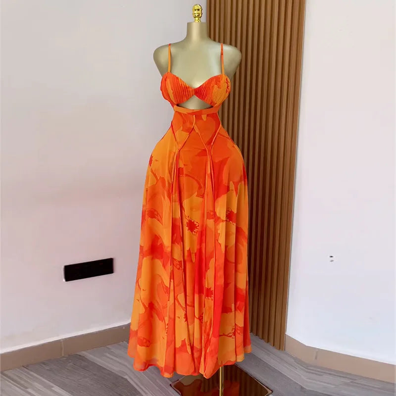 CM.YAYA Damen Blumenmuster Trägerloser Rückenfreier BH Vorne Großes Swing Maxi Langes Kleid 2025 Vintage Sexy Club Party Abendkleider