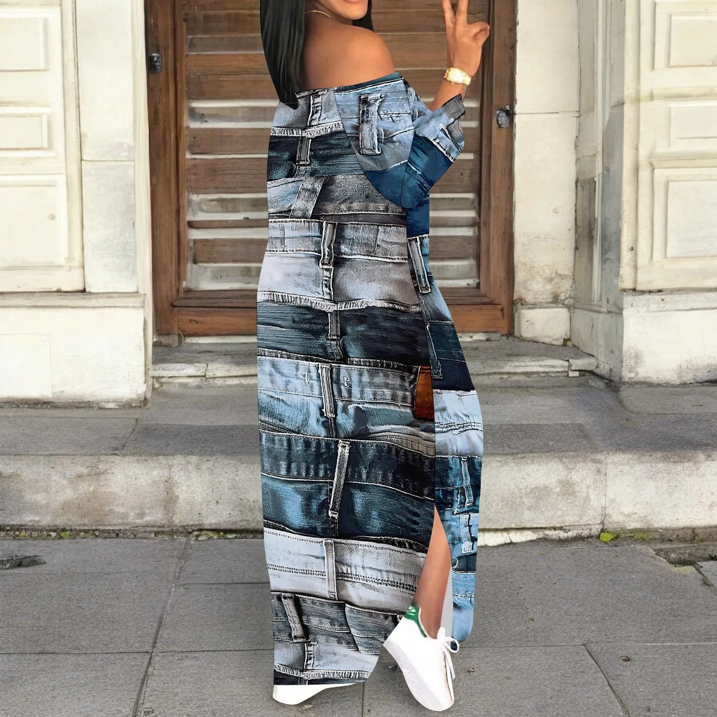 Denim Retro Print Long Sleeve Slim Fit Elegant Casual Slit One-Shoulder Neck Dress