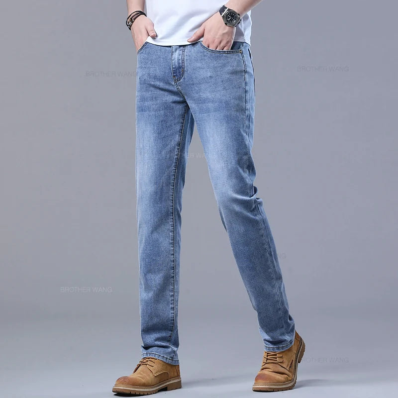 Frühlings Herren Hellblaue Slim Jeans Stylische Lässige Stretch Denim Hose Klassische Chinohose Rauchgrau