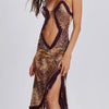 CUTENOVA Women Noble Furry Halter Sleeveless Hollow Dress Camisole Shrunk Split Wave Cut Dress Luxury Prom Occasion Evening Gown