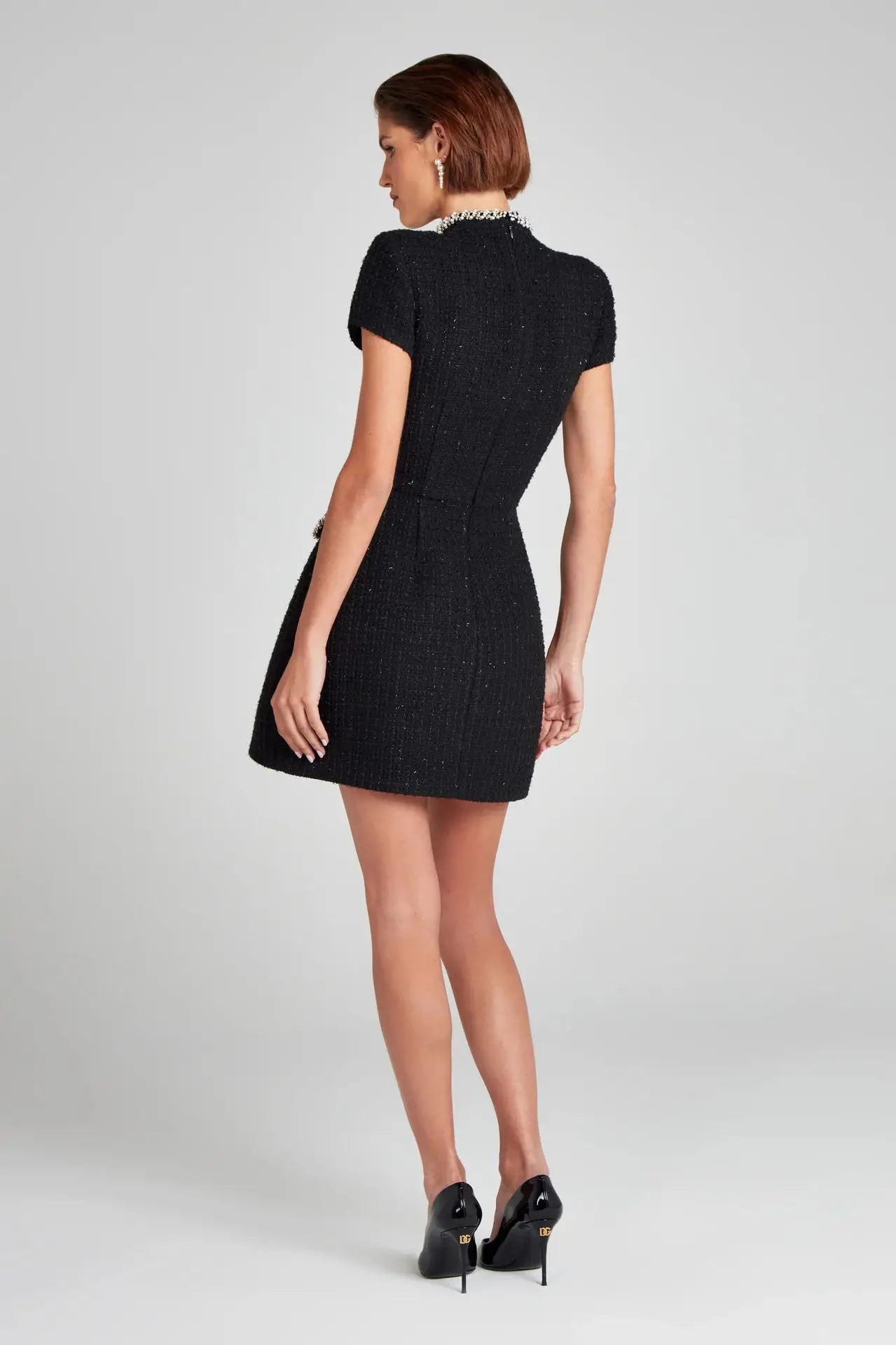 Talenza Women's Elegant Tweed A-Line Dress Solid Slim Fit Y2k Short Sleeve Dress Retro O-Neck Patchwork Luxury Evening Dress