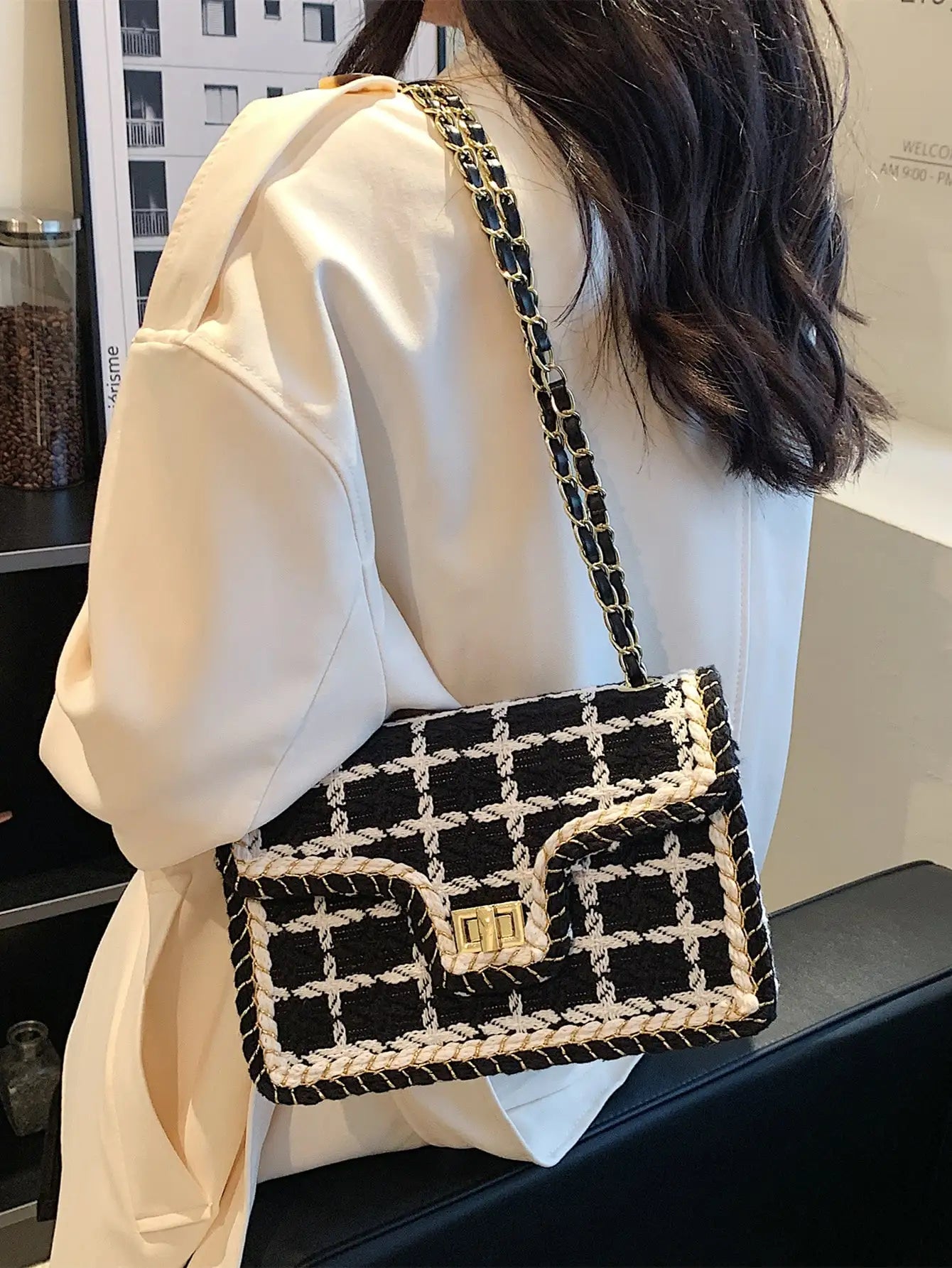 Schwarz-weiß karierte lässige Umhängetasche Umhängetasche Damen Schultertaschen Handtaschen mit oberem Griff Modische quadratische Tasche