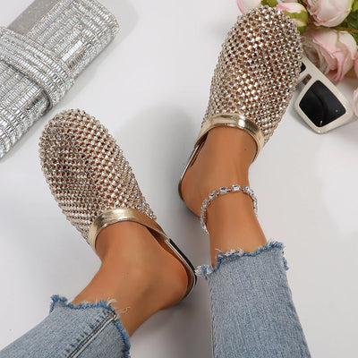 Damen Pantoffeln Sommer 2025 Neue Luxusmarke Pantoletten Leichte runde Kopfschuhe Wasser-Diamant Große flache Sandalen Slides Damen