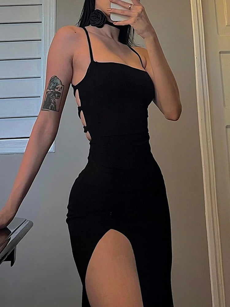 AltGoth Fairycore Sexy Midi Kleid Damen Streetwear Mall Gothic Rückenfrei Schnürung Neckholder High Waist Bodycon Kleid Partywear weiblich