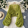 Women Sexy Chiffon Short Blouse Female See Through Super Long Sleeve Blusas Purple/Green/Black/White Folds Party Tops 2022 New