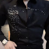 Spring Autumn Men's Korean Fashion Business Casual Rhinestone Button Up Shirt Male England Black Long Sleeve Slim Handsome Tops
