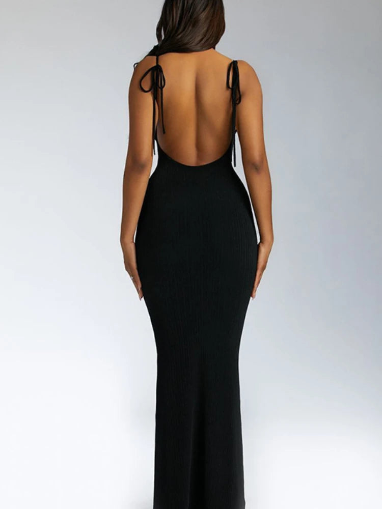 Sexy Geripptes Strick-Maxikleid Damen Spaghetti-Träger Figurbetontes Rückenfreies Unifarbenes Langes Abendkleid Club Party Vestidos