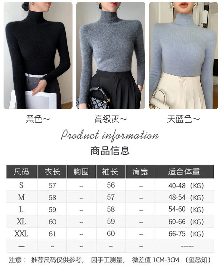 Damen Rollkragen-Basics Kaschmirpullover Herbst Winter Pullover 100% Merinowolle Strickwaren Damen Weicher schmaler Strick Neuer Top
