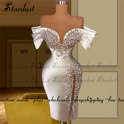 Stardust Luxury Off the Shoulder Homecoming Dress Pearls Slit Pleat Mini Saudi Arabric Illusion Cocktail Party Gown Customized