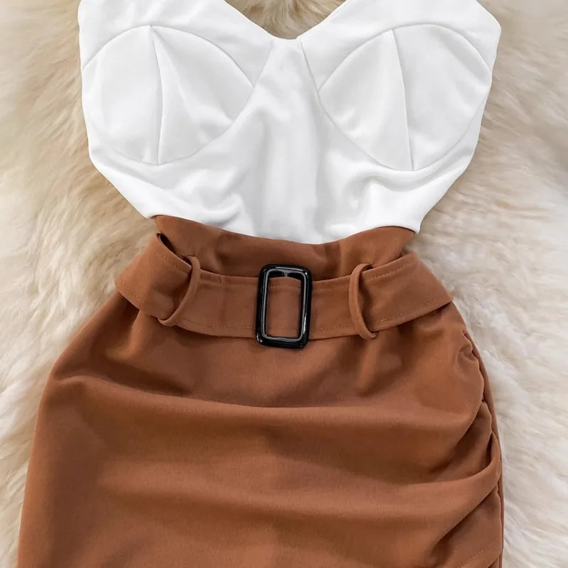 Mode-Trägerkleid Sexy Kontrastfarben-Patchwork Damenkleider Unregelmäßiges Hüftwickelkleid Büro-Dame Koreanische Ropa Mujer