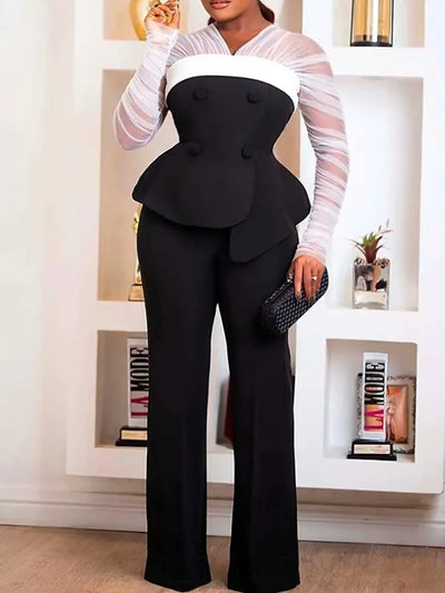 Women Elegant Two Piece Pants Set Female Office Wear White Mesh Sleeves Slim Top and Slacks Pant Sets Sexy Chic Spring Outfits