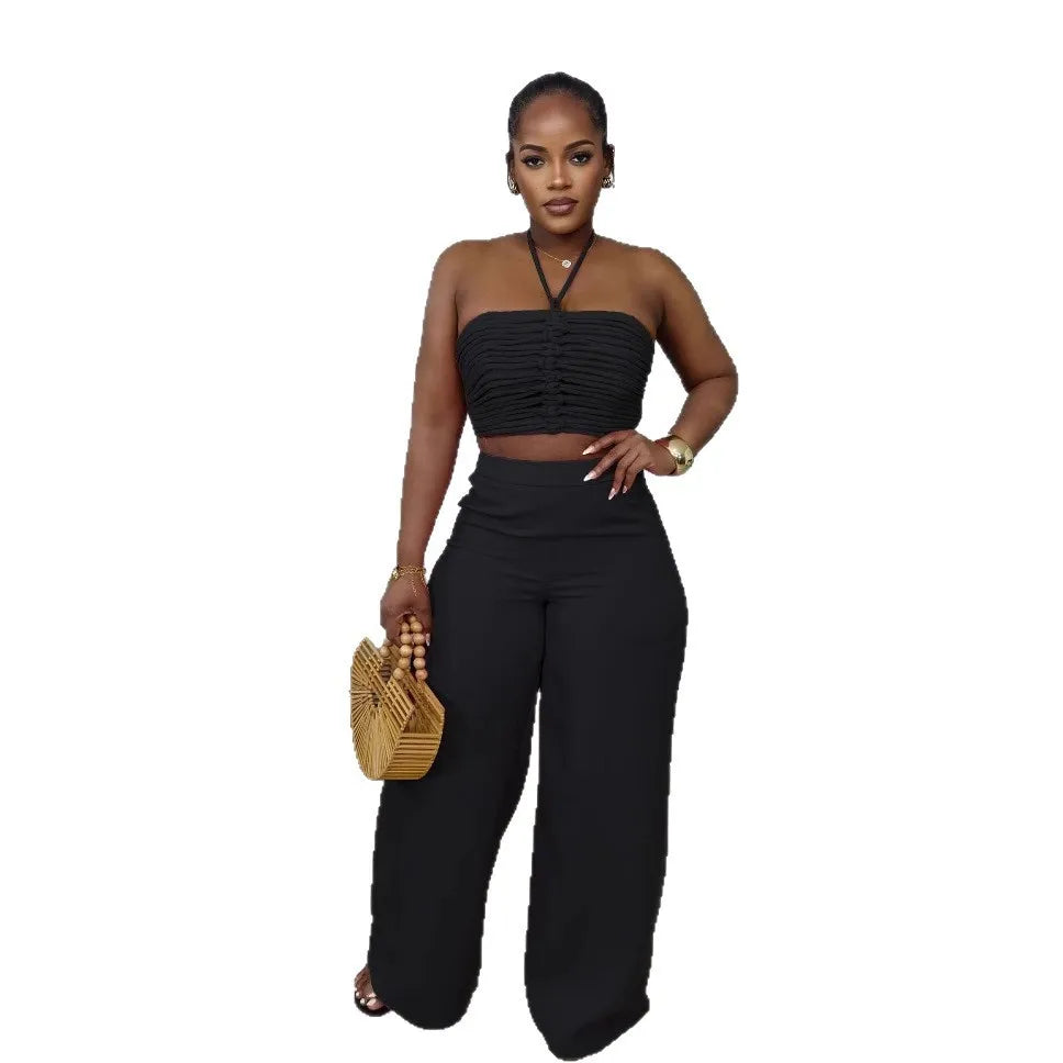 Pant Set Women Two Piece Sets Sexy Sleeveless Tops Drawstring Wide Leg Long Pants High Waist Y2k Streetwear Elegant Splice