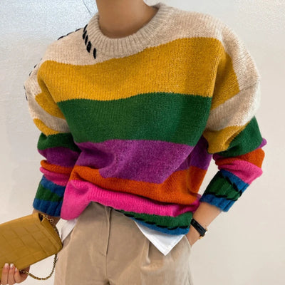 Chic Vintage Kontrast Oversized Pullover Fairy Grunge O-Neck Regenbogenpullover Winter Gestreifter Strickpullover Damen