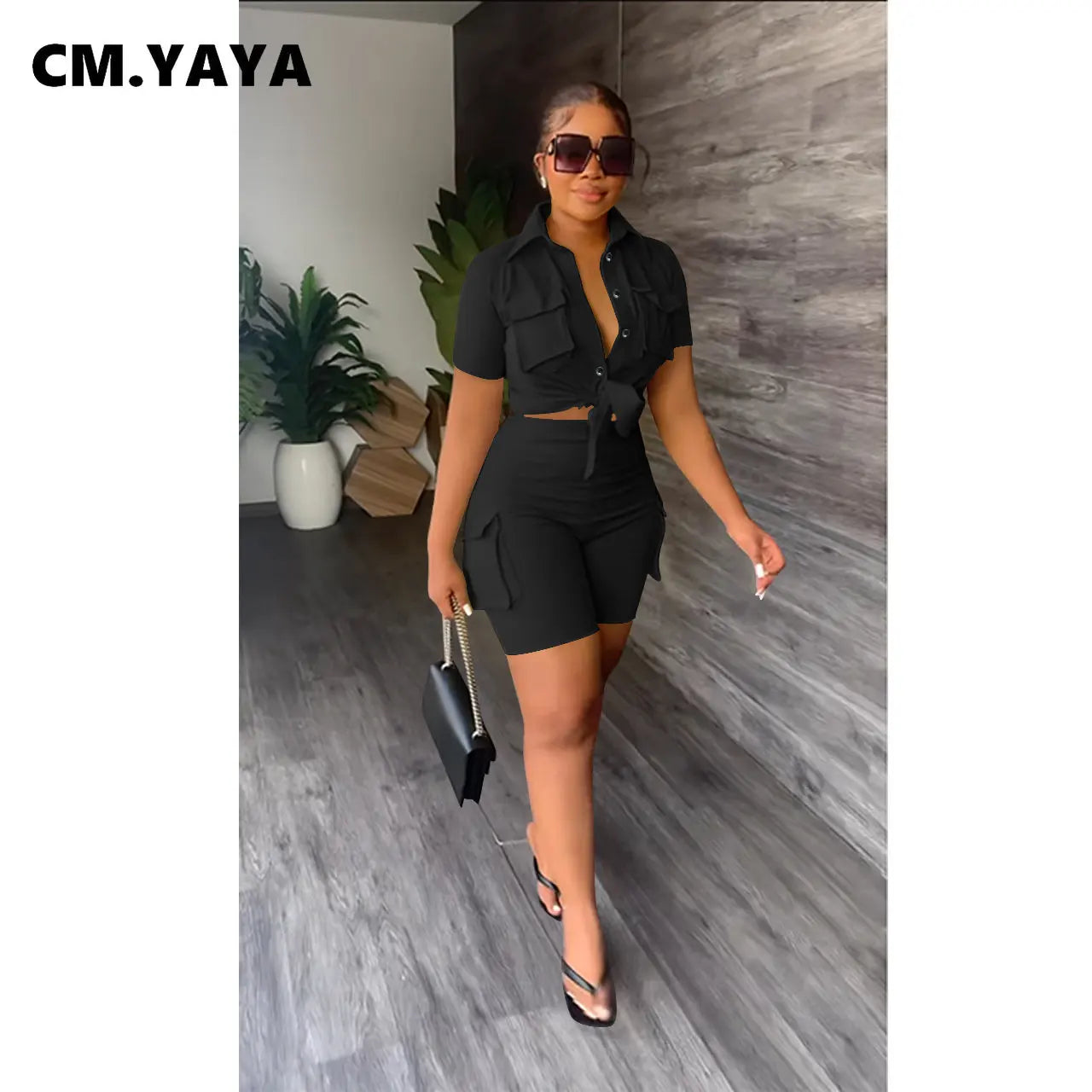 CM.YAYA INS Women's Set Short Sleeve Pocket Front Shirt and Pocket Side Shorts Suit 2023 Cargo Two 2 Piece Set Outfit Tracksuits
