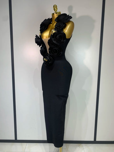 Mode Schwarz 3D Blumen Bodycon Langes Bandage Kleid Celebrity Elegantes Party Geburtstagskleid Damen Ärmellose Sexy Vestidos
