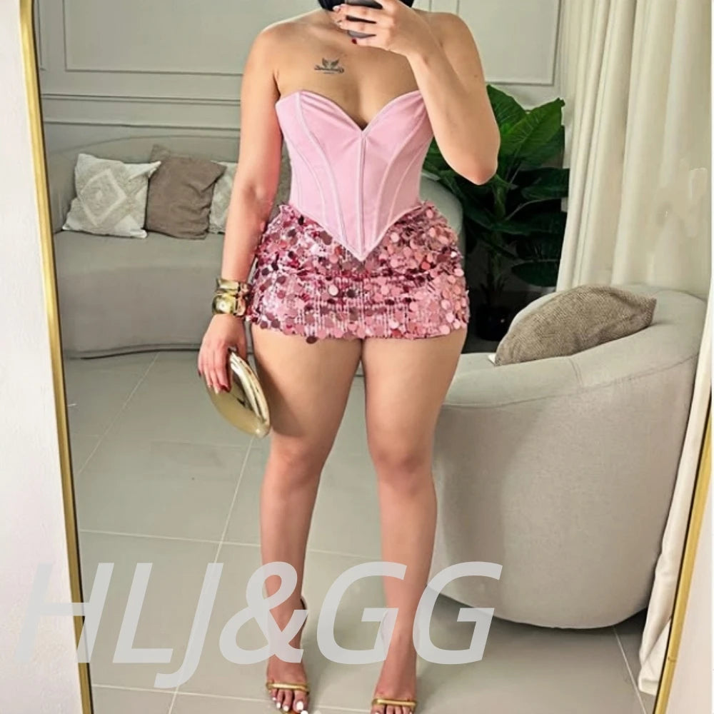 HLJ&GG Sexy Off Shoulder Corset Vest Two Piece Sets Women Sleeveless Backless Bandage Irregular Top + Sequin Mini Skirts Outfits